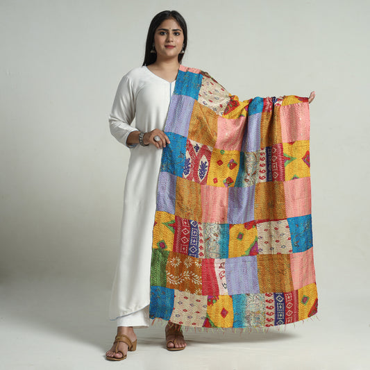 Multicolor - Bengal Kantha Embroidery Patchwork Reversible Silk Dupatta 24