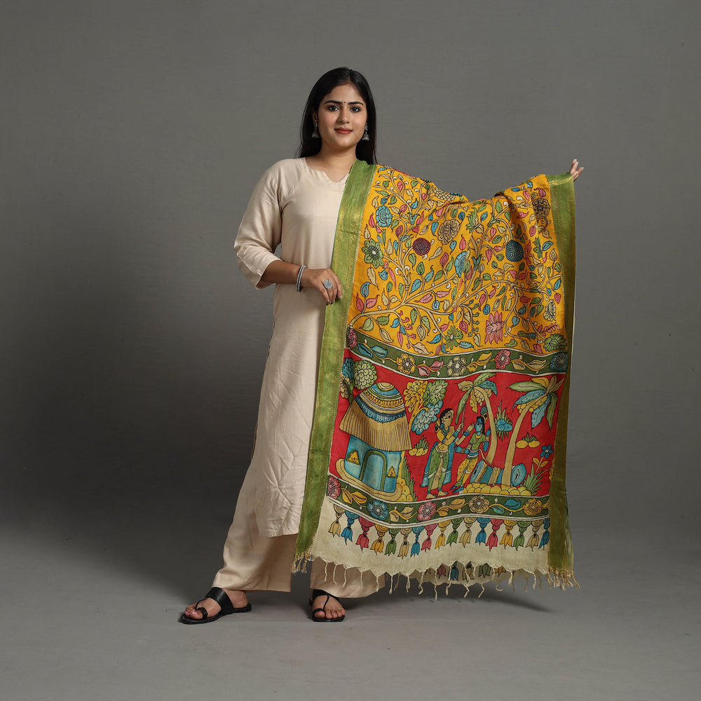 Yellow - Chanderi Silk Srikalahasti Handpainted Pen Kalamkari Dupatta 03