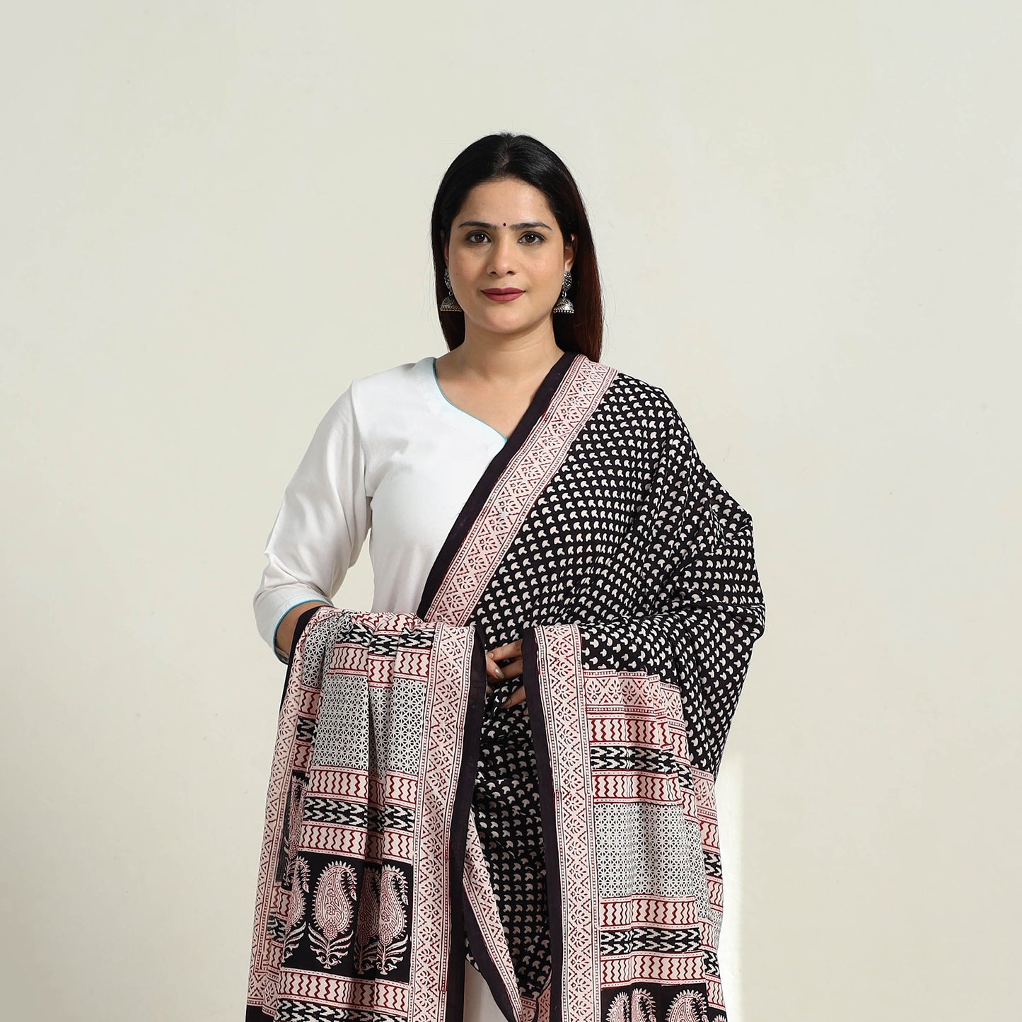 Black - Natural Dyed Hand Block Print Cotton Bagh Dupatta 02