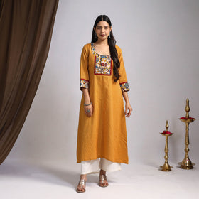 Yellow - Nazakat Heritage Patchwork Cotton A-Line Plain Long Kurta 01