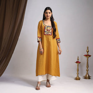 Yellow - Nazakat Heritage Patchwork Cotton A-Line Plain Kurta 01