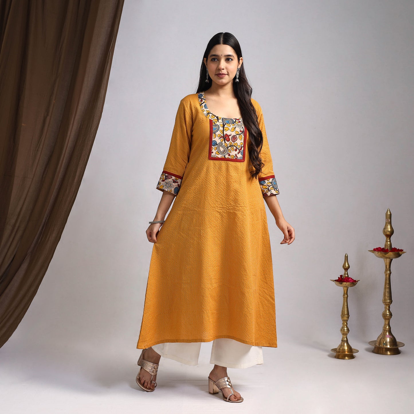 Yellow - Nazakat Heritage Patchwork Cotton A-Line Plain Long Kurta 01