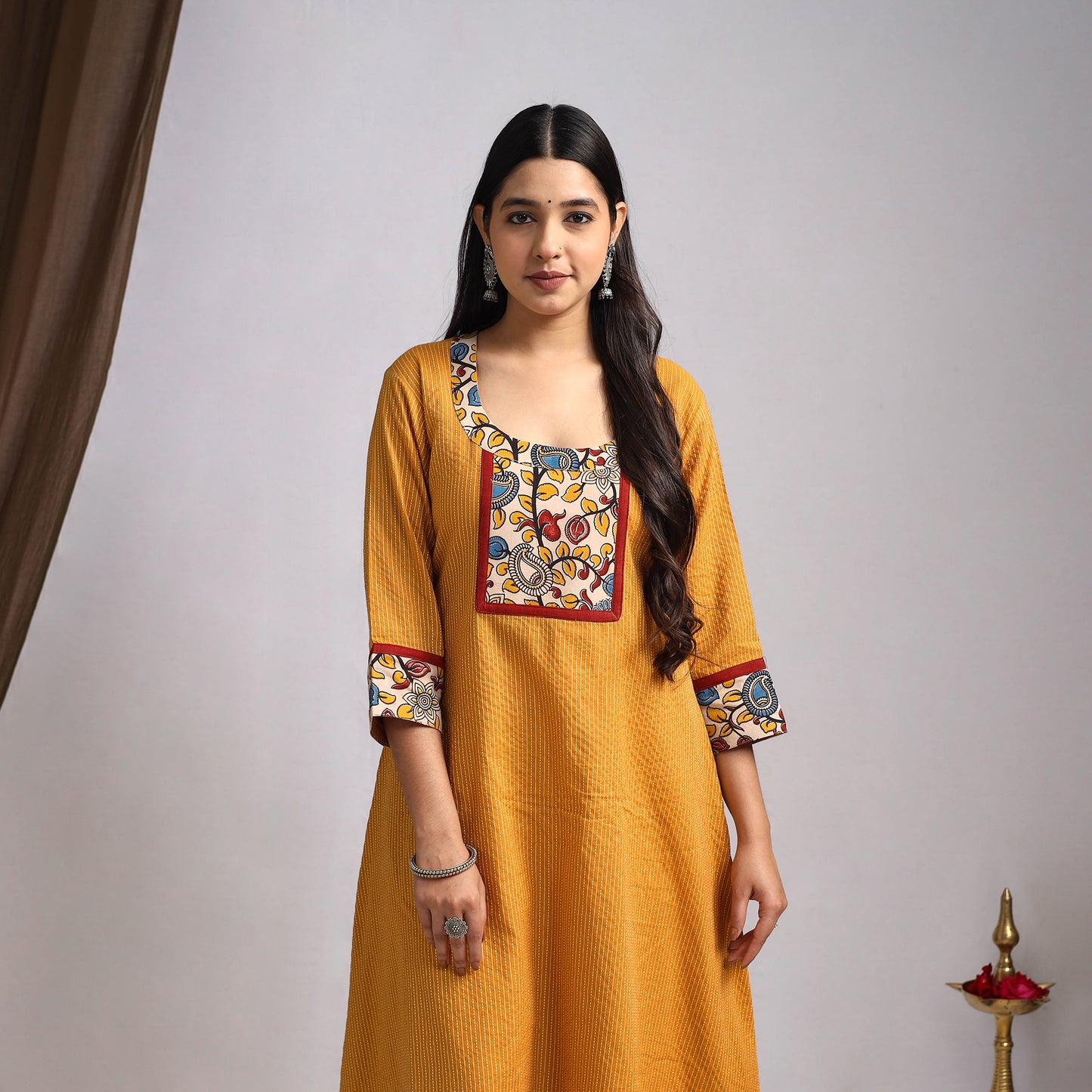 Yellow - Nazakat Heritage Patchwork Cotton A-Line Plain Long Kurta 01