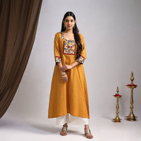 Yellow - Nazakat Heritage Patchwork Cotton A-Line Plain Long Kurta 01