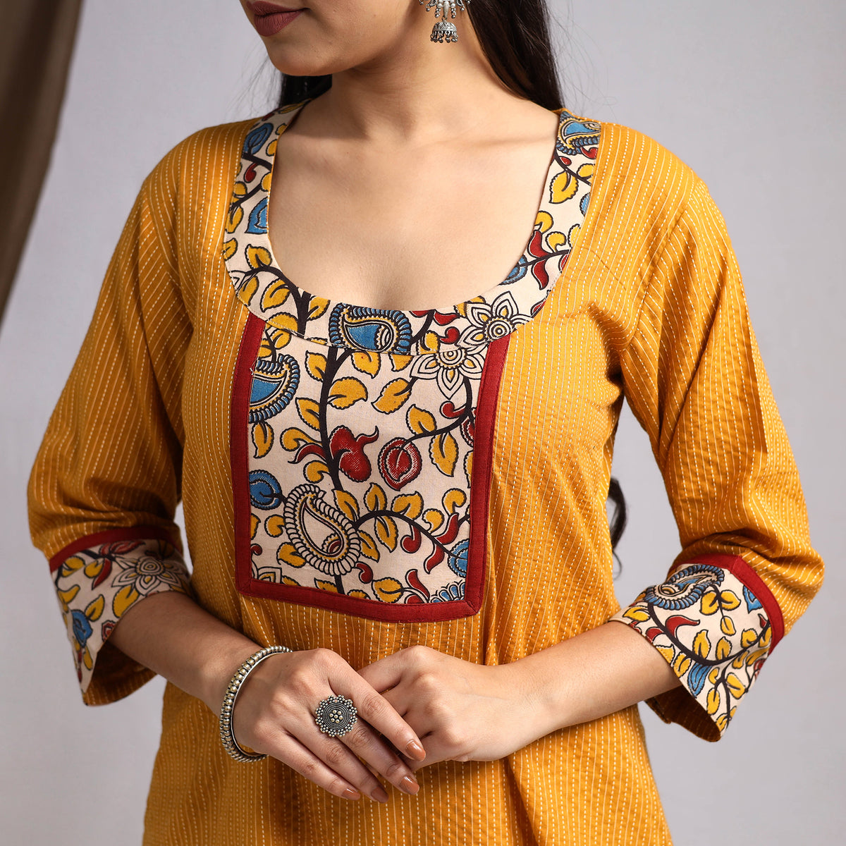 Yellow - Nazakat Heritage Patchwork Cotton A-Line Plain Long Kurta 01