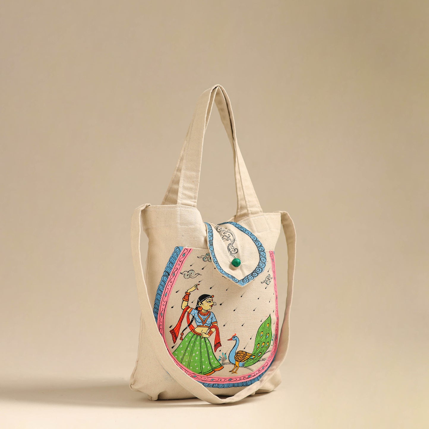 Beige - Pattachitra Handpainted Shoulder Bag from Odisha 30