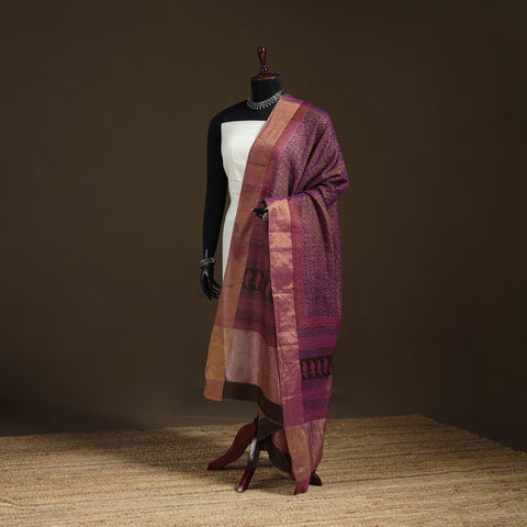 Purple - Bagh Hand Block Print Natural Dyed Tissue Zari Chanderi Silk Dupatta 15