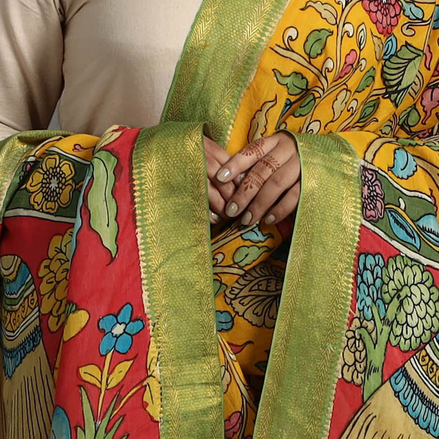 Yellow - Chanderi Silk Srikalahasti Handpainted Pen Kalamkari Dupatta 03