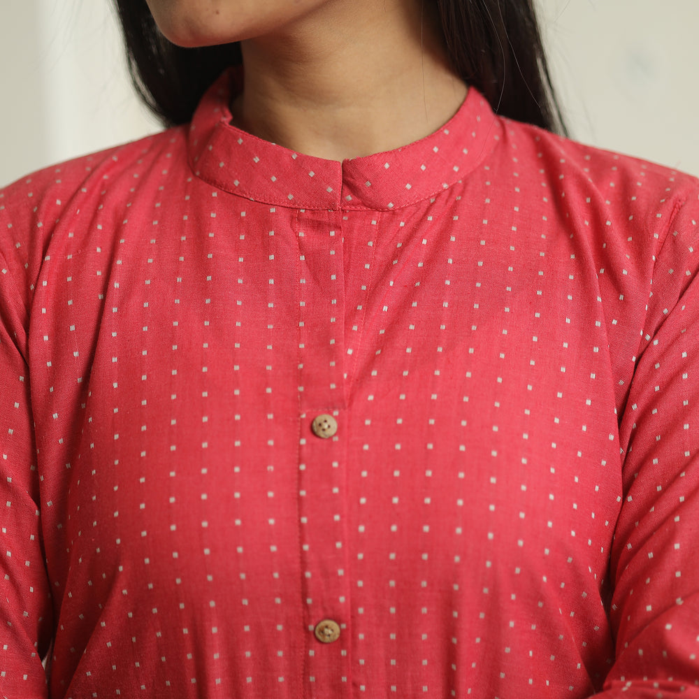 Red - Jacquard Weave Cotton A-Line Kurta 07