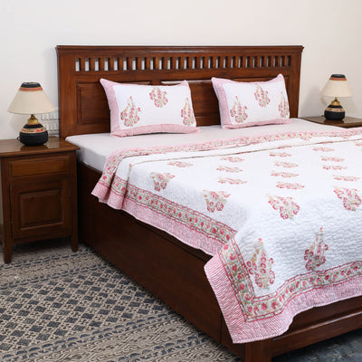 Pink - Double - Reversible Sanganeri Block Print Cotton Quilt Set 07