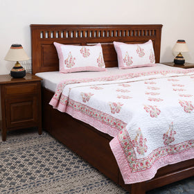Pink - double - reversible sanganeri cotton quilt set 07
