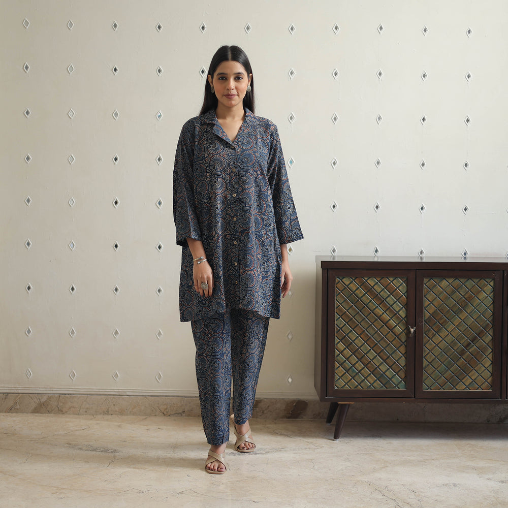 Blue - Block Printed Cotton Ajrakh Co-ord Set 03