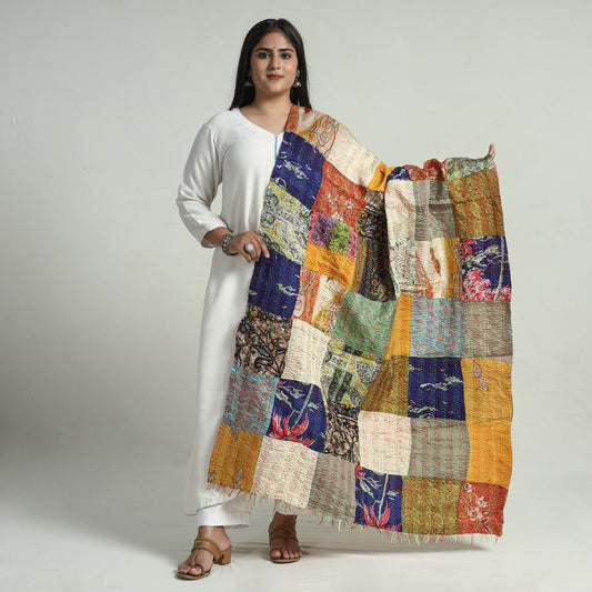 Multicolor - Bengal Kantha Embroidery Patchwork Reversible Silk Dupatta 27