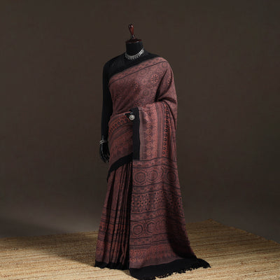 Handwoven Merino Wool Natural Dyed Hand Block Print Ajrakh Saree 03