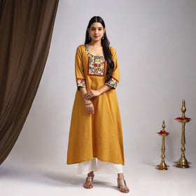Yellow Nazakat Heritage Patchwork Cotton A-Line Plain Kurta for Women