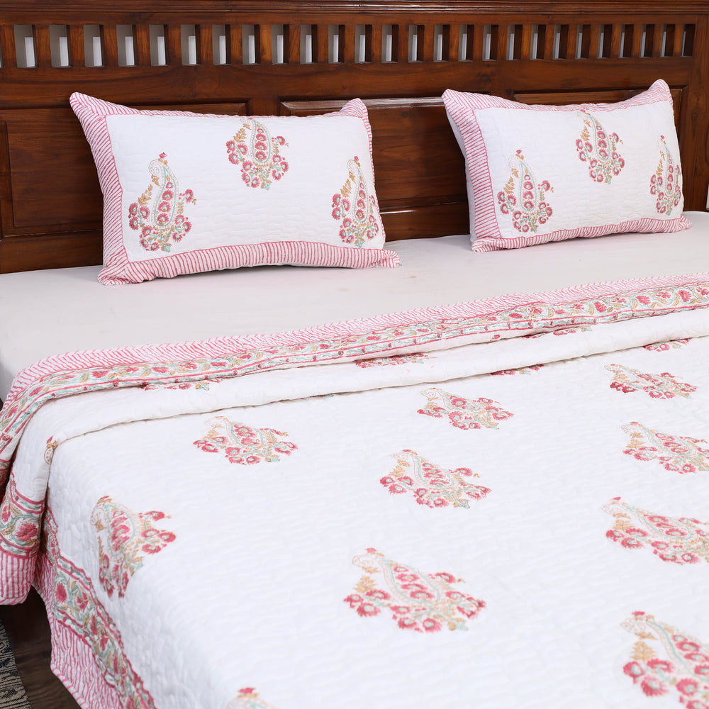 Pink - Double - Reversible Sanganeri Block Print Cotton Quilt Set 07