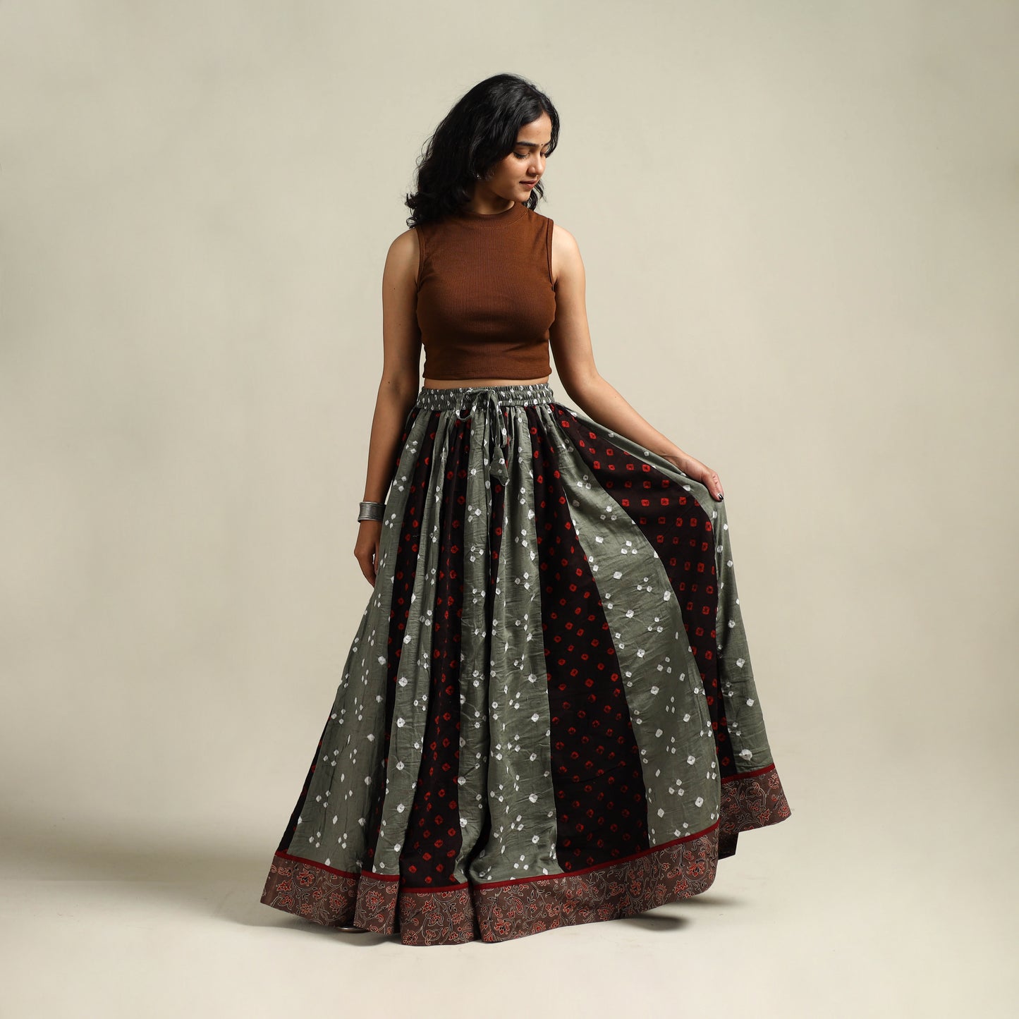 Multicolor - Bandhani Tie-Dye 24 Kali Patchwork Cotton Long Skirt 12