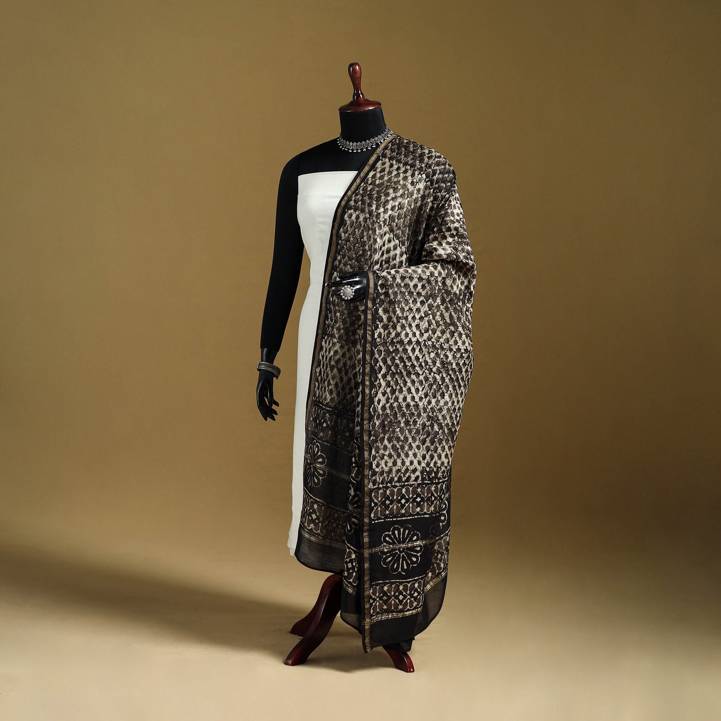 Brown - Pipad Hand Block Print Natural Dyed Chanderi Silk Handloom Dupatta 09