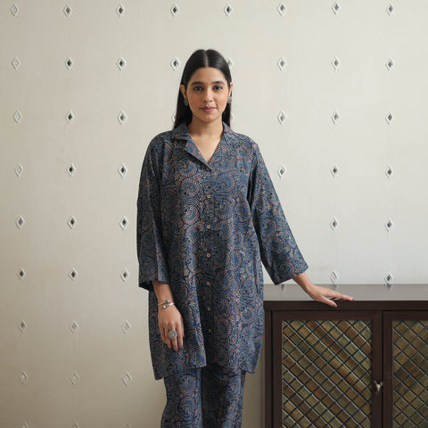 Blue - Block Printed Cotton Ajrakh Co-ord Set 03