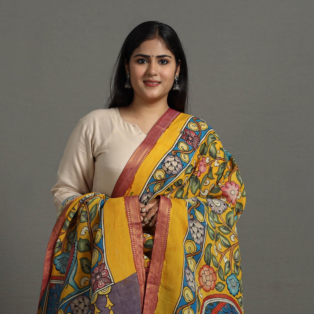 Yellow - Chanderi Silk Srikalahasti Handpainted Pen Kalamkari Dupatta 04