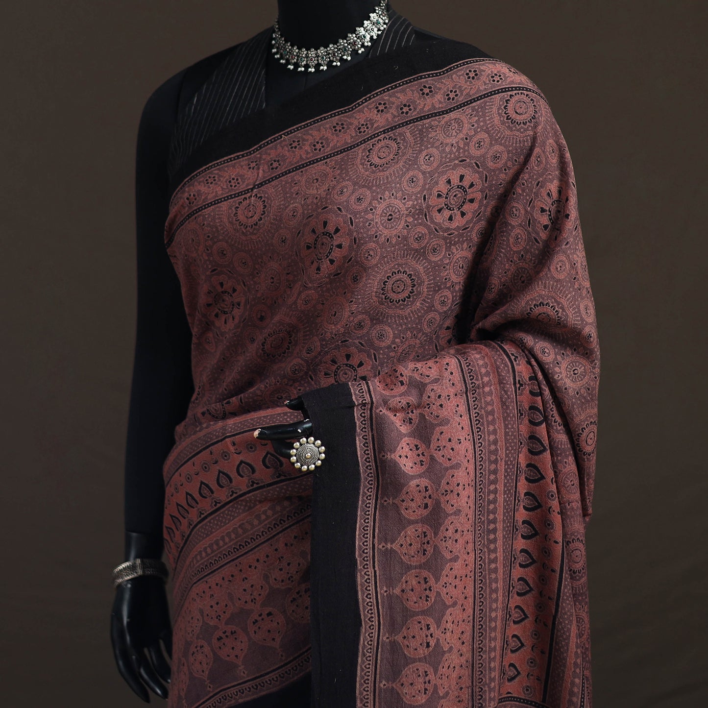 Handwoven Merino Wool Natural Dyed Hand Block Print Ajrakh Saree 03
