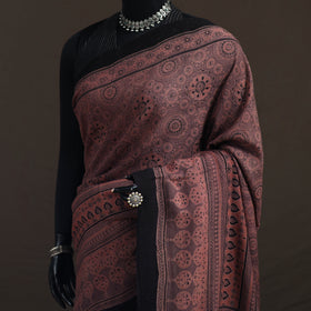Handwoven Merino Wool Natural Dyed Hand Block Print Ajrakh Saree 03