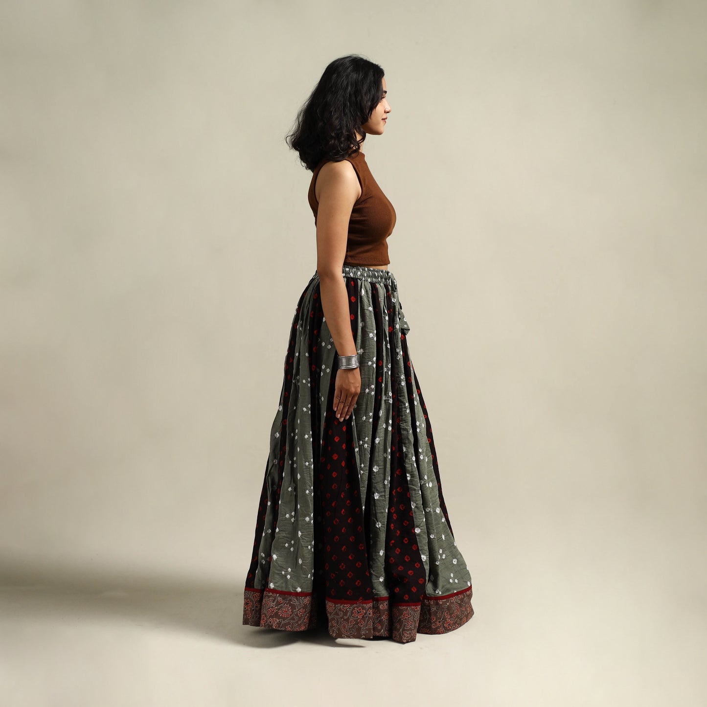 Multicolor - Bandhani Tie-Dye 24 Kali Patchwork Cotton Long Skirt 12