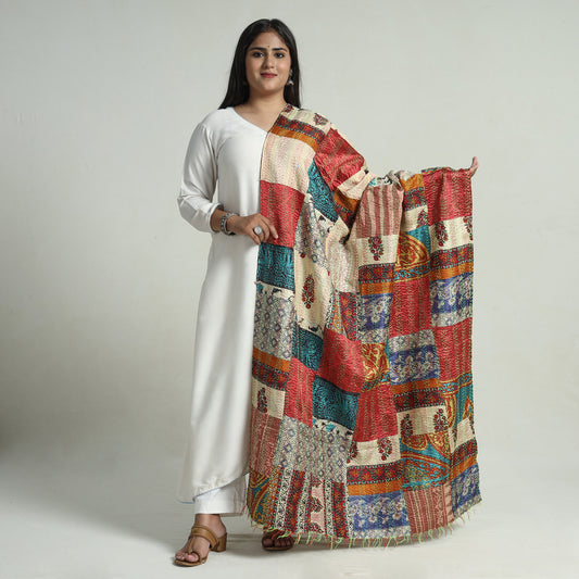 Multicolor - Bengal Kantha Embroidery Patchwork Reversible Silk Dupatta 28