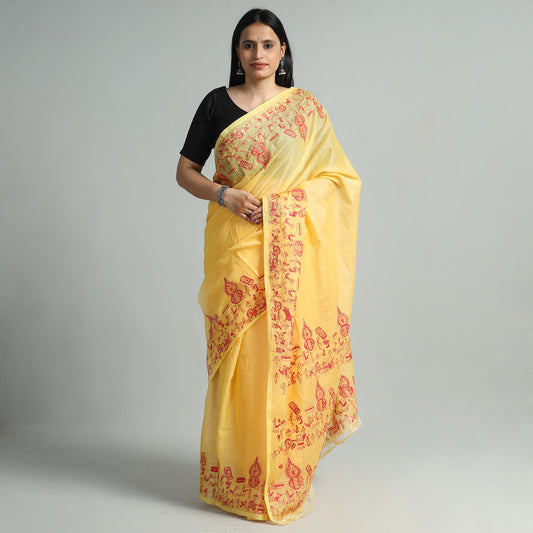 Yellow - Bengal Kantha Hand Embroidery Tussar Silk Handloom Saree 97