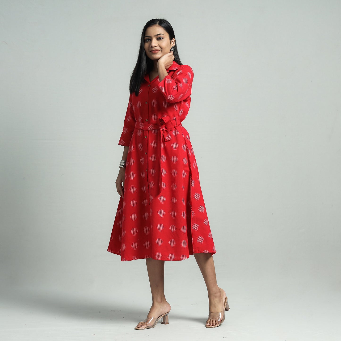 Red - Pochampally Double Ikat Cotton Flared Dress with Belt