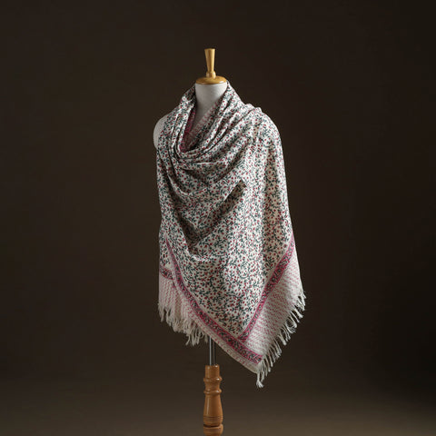 Floral sanganeri print pure merino wool handwoven shawl 78