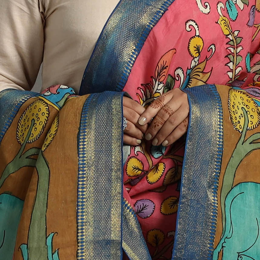 Pink - Chanderi Silk Srikalahasti Handpainted Pen Kalamkari Dupatta 05