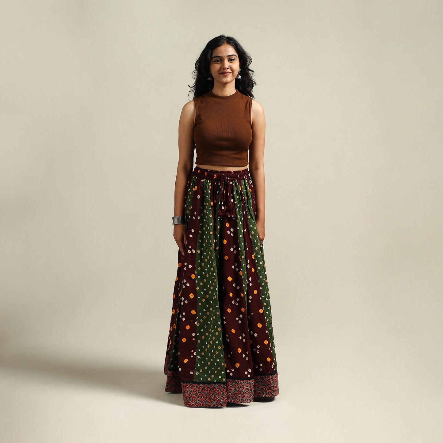 Multicolor - Bandhani Tie-Dye 24 Kali Patchwork Cotton Long Skirt 13