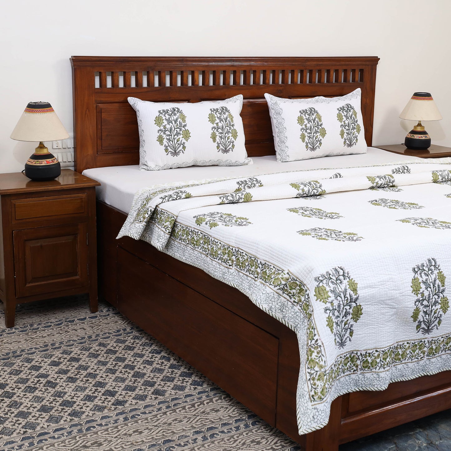 Double - Reversible Sanganeri Block Print Cotton Quilt Set 08