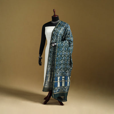 Blue - Pipad Hand Block Print Natural Dyed Chanderi Silk Handloom Dupatta 10