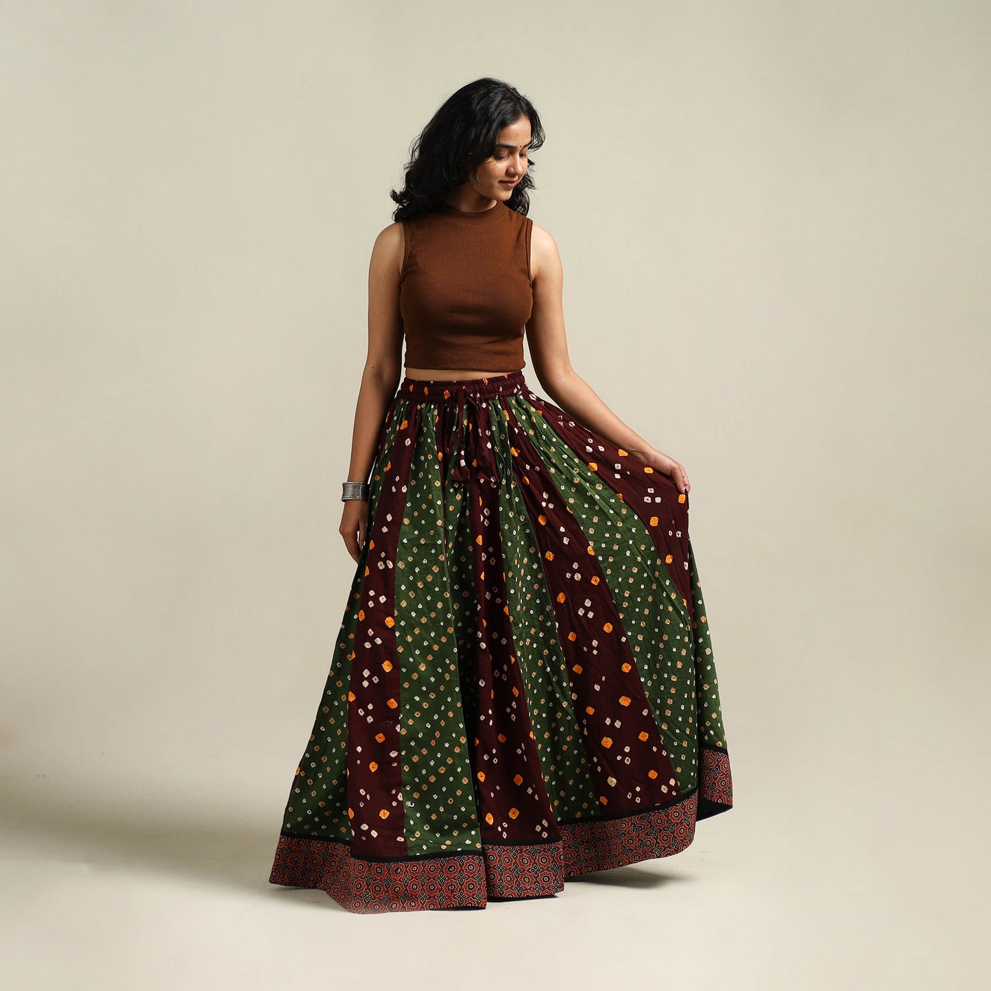 Multicolor - Bandhani Tie-Dye 24 Kali Patchwork Cotton Long Skirt 13