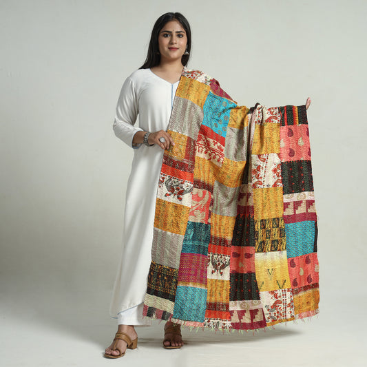 Multicolor - Bengal Kantha Embroidery Patchwork Reversible Silk Dupatta 29