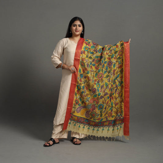 Yellow - Chanderi Silk Srikalahasti Handpainted Pen Kalamkari Dupatta 06