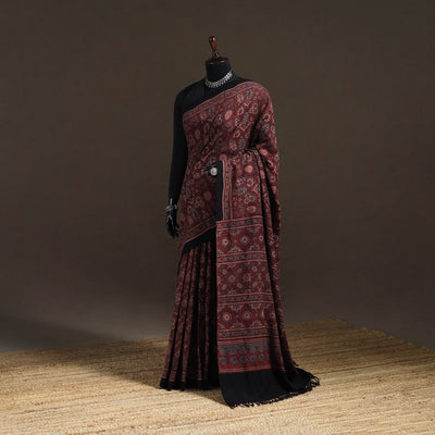 Handwoven Merino Wool Natural Dyed Hand Block Print Ajrakh Saree 04