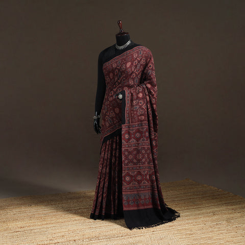 Handwoven Merino Wool Natural Dyed Hand Block Print Ajrakh Saree 04
