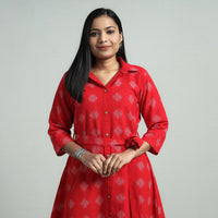 Red - Pochampally Double Ikat Cotton Flared Dress with Belt