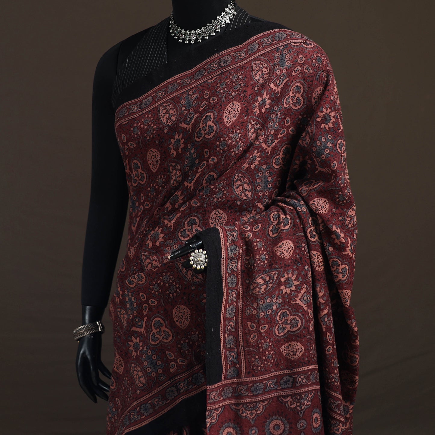 Handwoven Merino Wool Natural Dyed Hand Block Print Ajrakh Saree 04