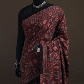 Handwoven Merino Wool Natural Dyed Hand Block Print Ajrakh Saree 04