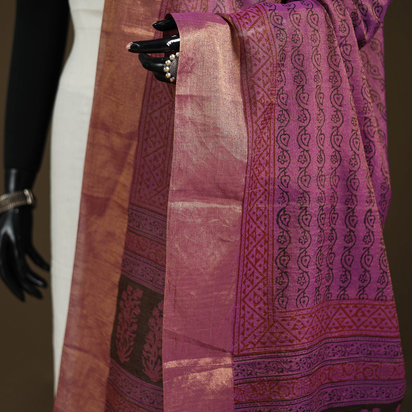 Bagh Hand Block Print Natural Dyed Tissue Zari Chanderi Silk Dupatta 17