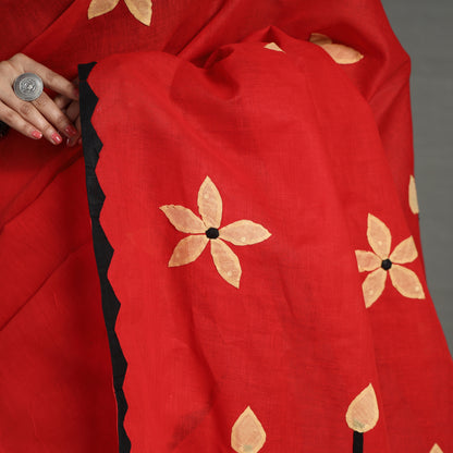 Red - Applique Patti Kaam Pure Cotton Saree from Rampur 17