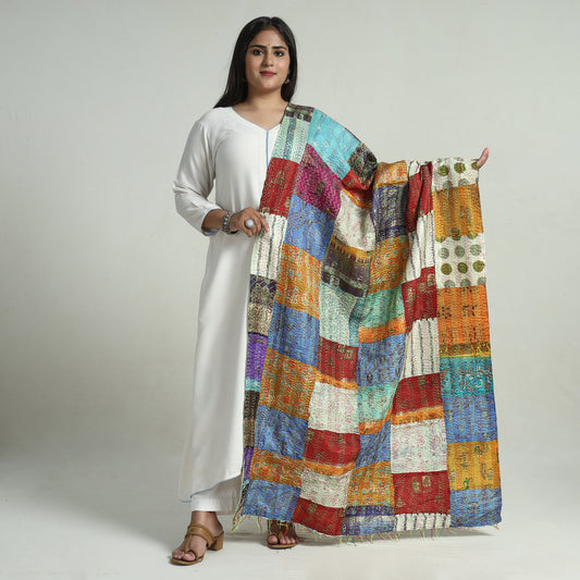 Multicolor - Bengal Kantha Embroidery Patchwork Reversible Silk Dupatta 30