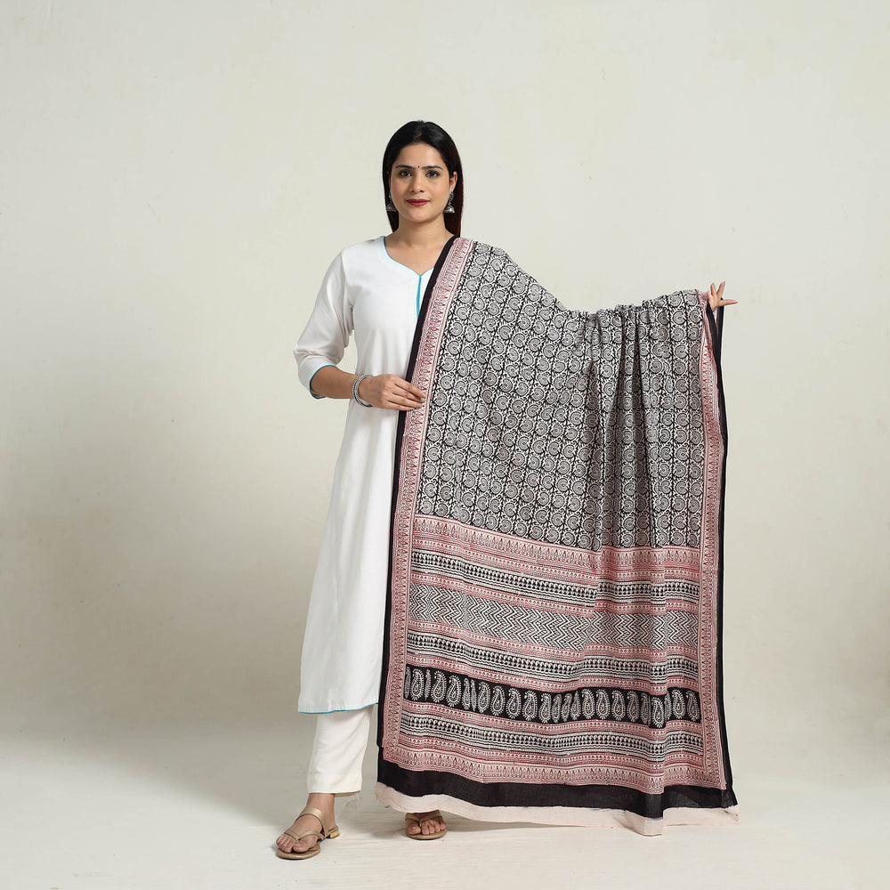 Black - Natural Dyed Hand Block Print Cotton Bagh Dupatta 04