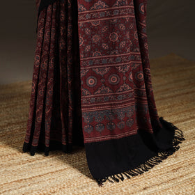 Handwoven Merino Wool Natural Dyed Hand Block Print Ajrakh Saree 04