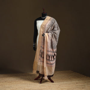 Beige - Bagh Hand Block Print Natural Dyed Tissue Zari Chanderi Silk Dupatta 18
