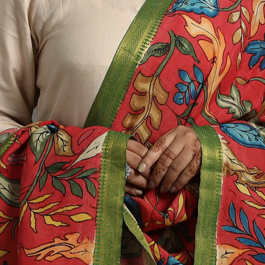 Red - Chanderi Silk Srikalahasti Handpainted Pen Kalamkari Dupatta 07